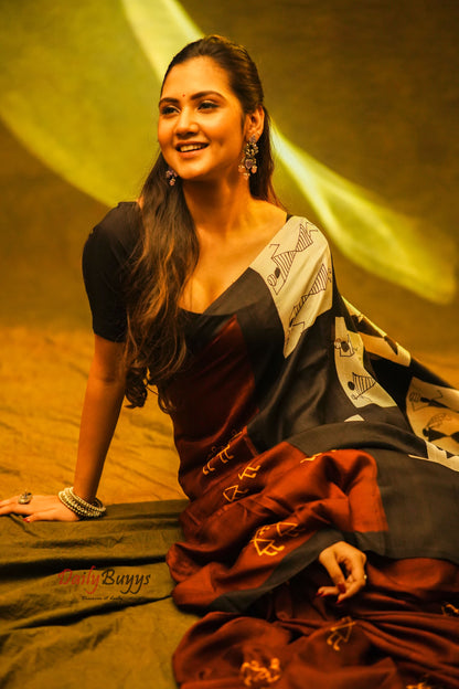 Tribal Designer Maroon Black Block Printed Silk Mark Certified Bishnupuri Silk Sarees - Dailybuyys