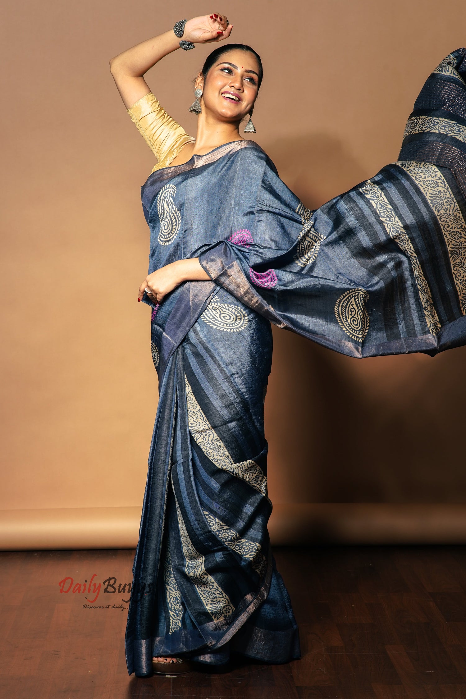 Discharge Printed Zari Border Pure Block Printed Silk Mark Certified Tussar Silk Sarees - Dailybuyys