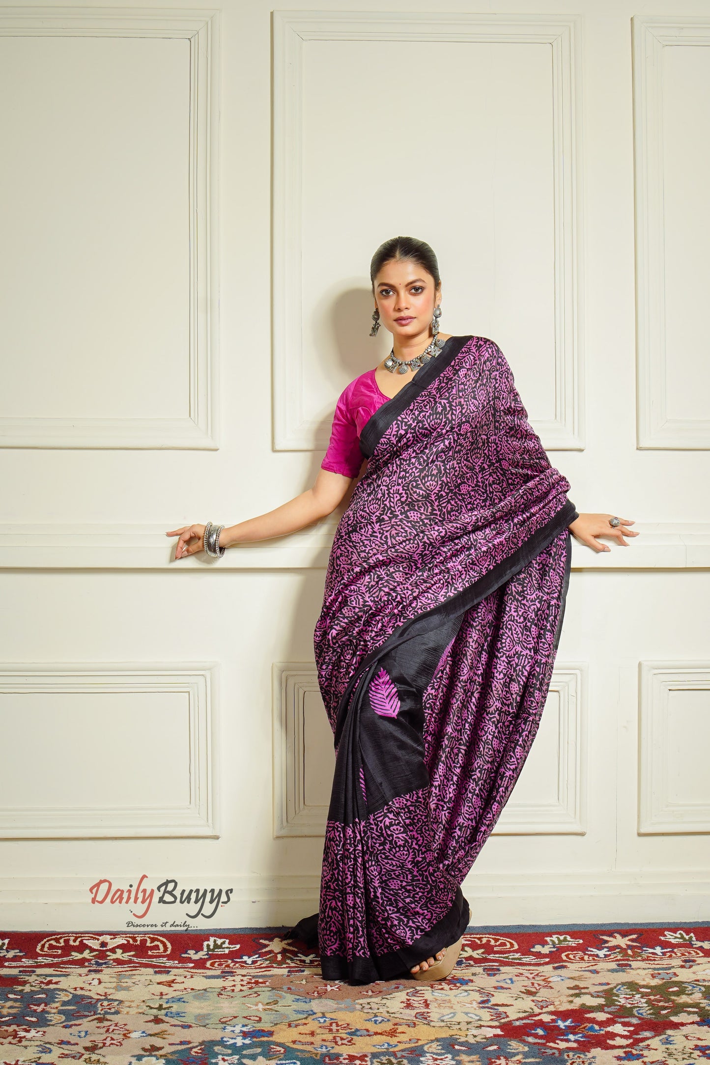 Floral Black Block Printed Silk Mark Certified Bishnupuri Silk Sarees - Dailybuyys