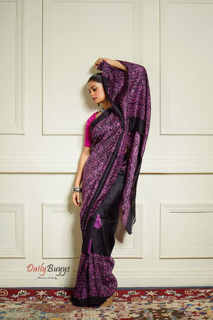 Floral Black Block Printed Silk Mark Certified Bishnupuri Silk Sarees - Dailybuyys