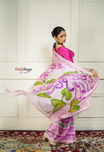 Aqua Fresh Floral Hand Painted Pure Silk Mark Certified Bishnupuri Silk Sarees - Dailybuyys