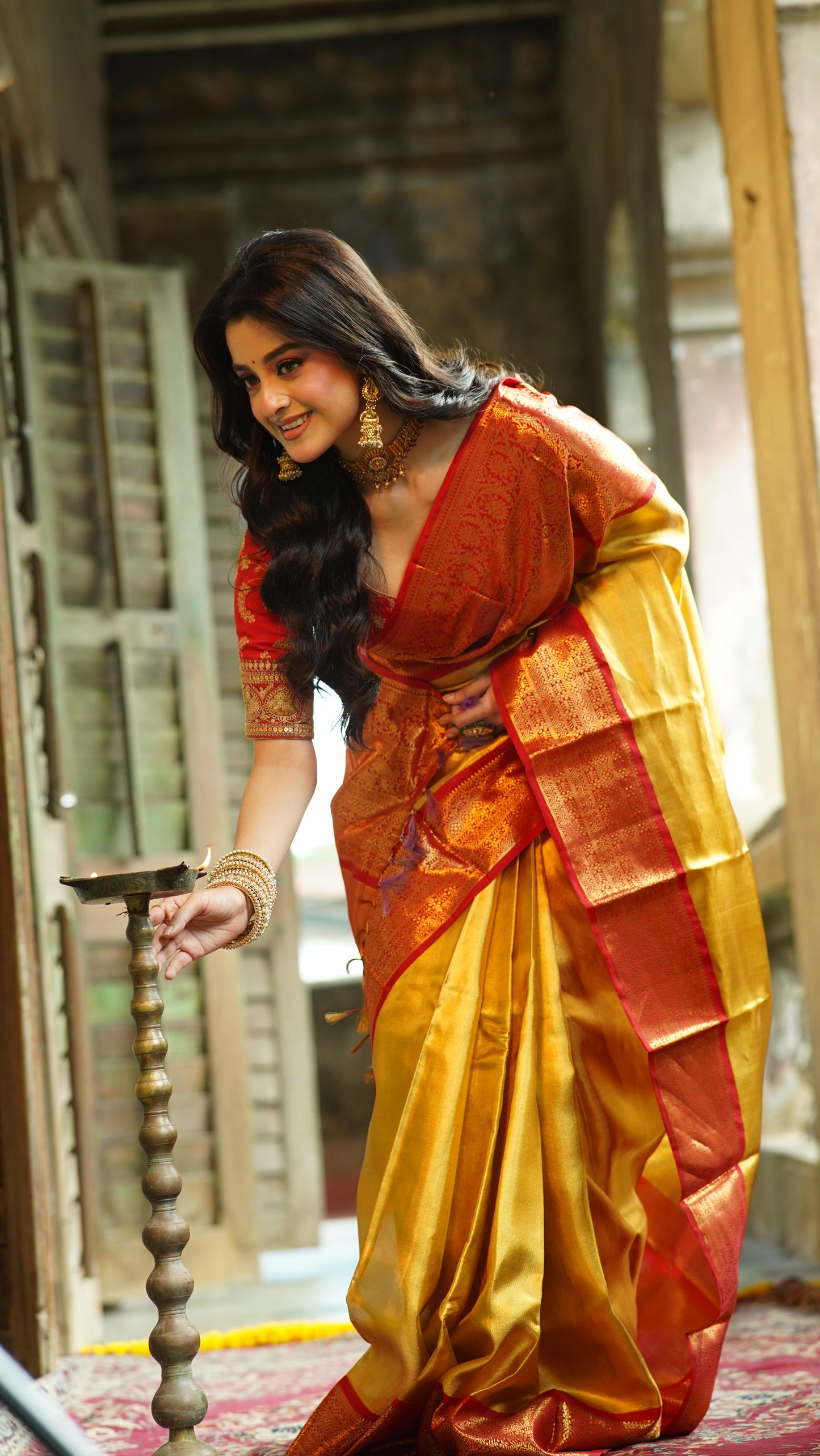 Yellow Red Tissue Kanjivaram Banarasi Silk Sarees - Dailybuyys