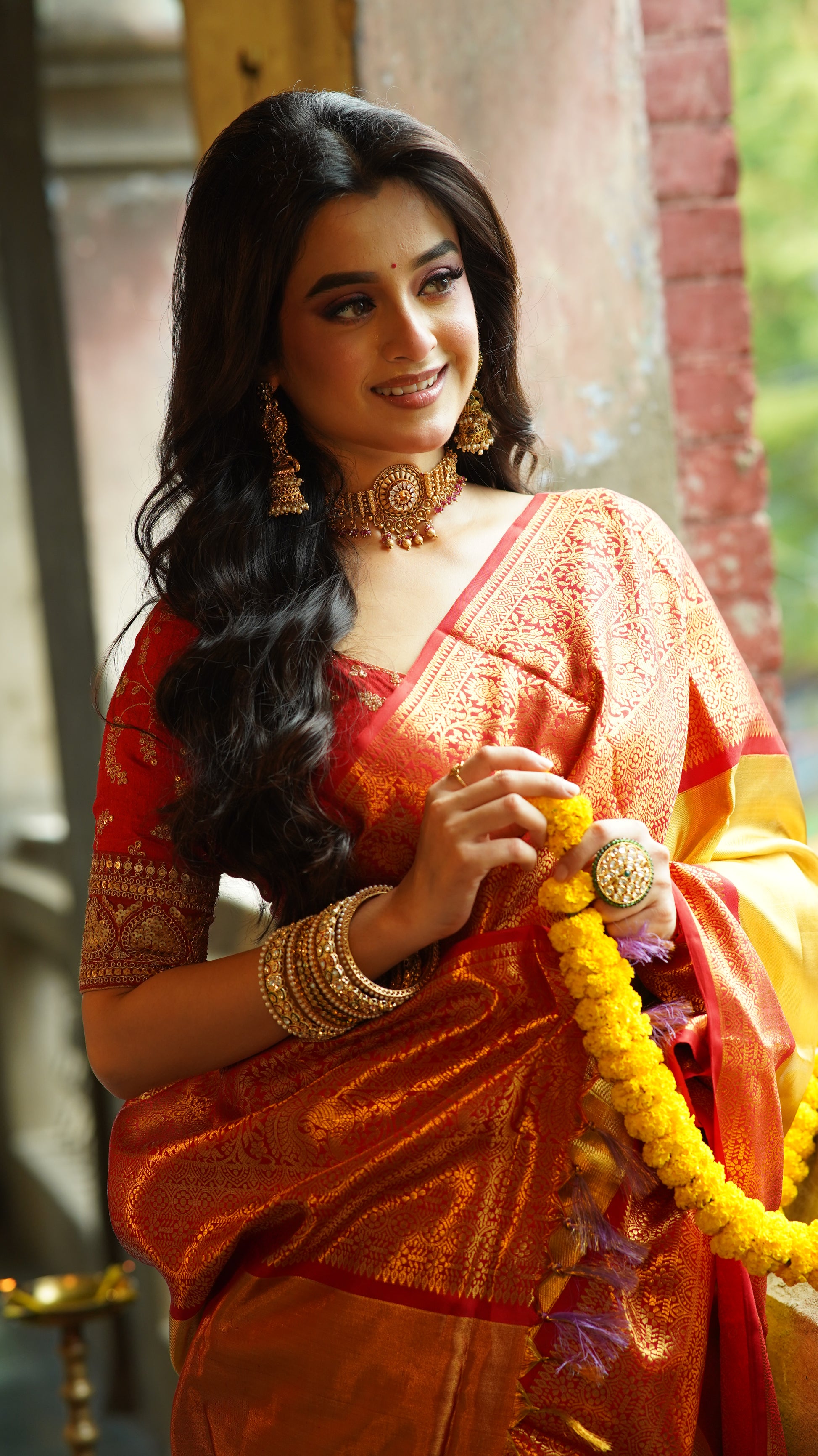 Yellow Red Tissue Kanjivaram Banarasi Silk Sarees - Dailybuyys