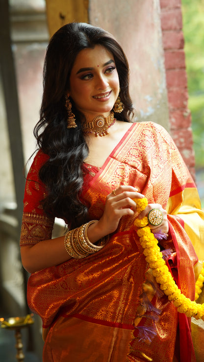 Yellow Red Tissue Kanjivaram Banarasi Silk Sarees - Dailybuyys