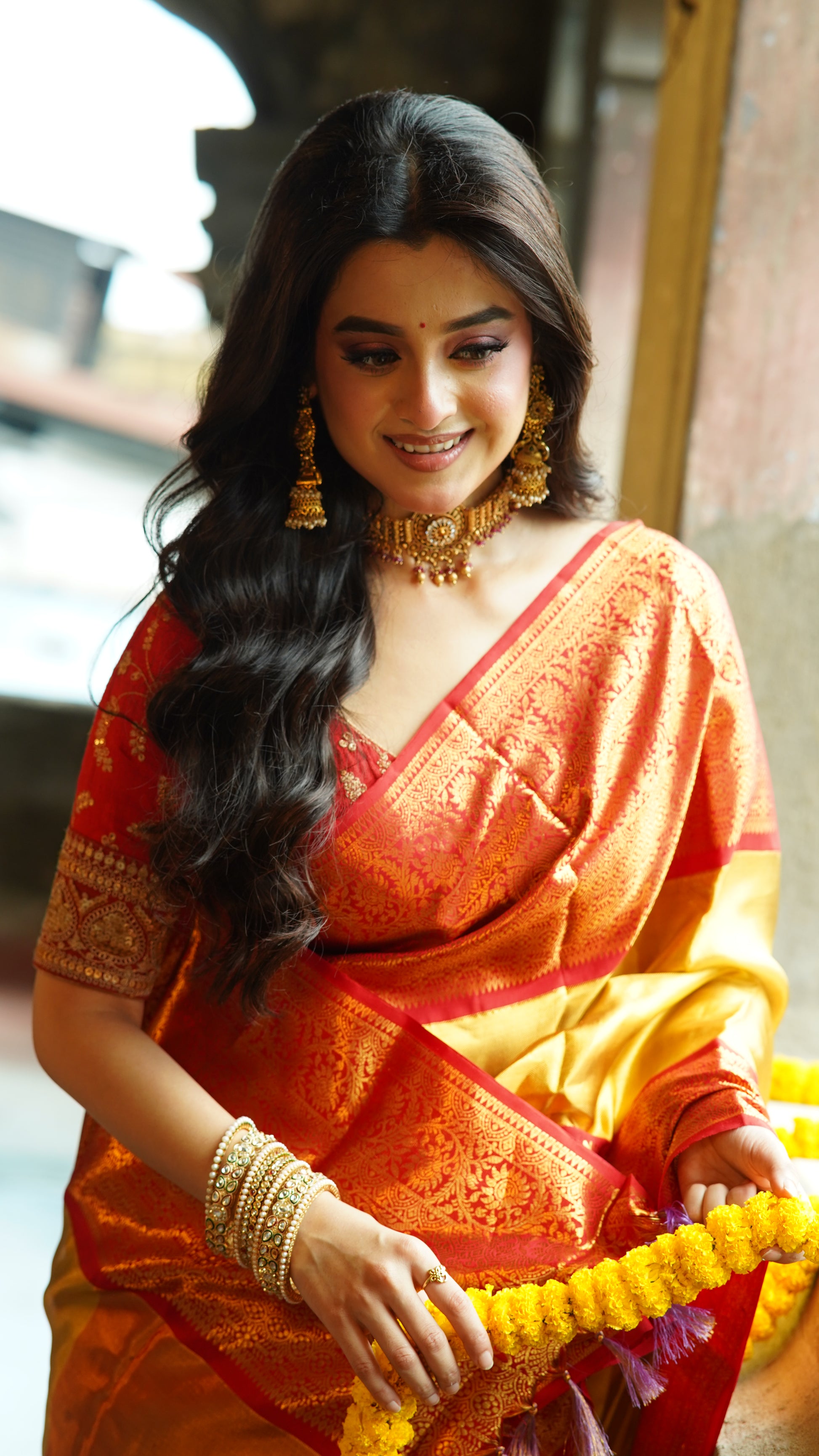 Yellow Red Tissue Kanjivaram Banarasi Silk Sarees - Dailybuyys