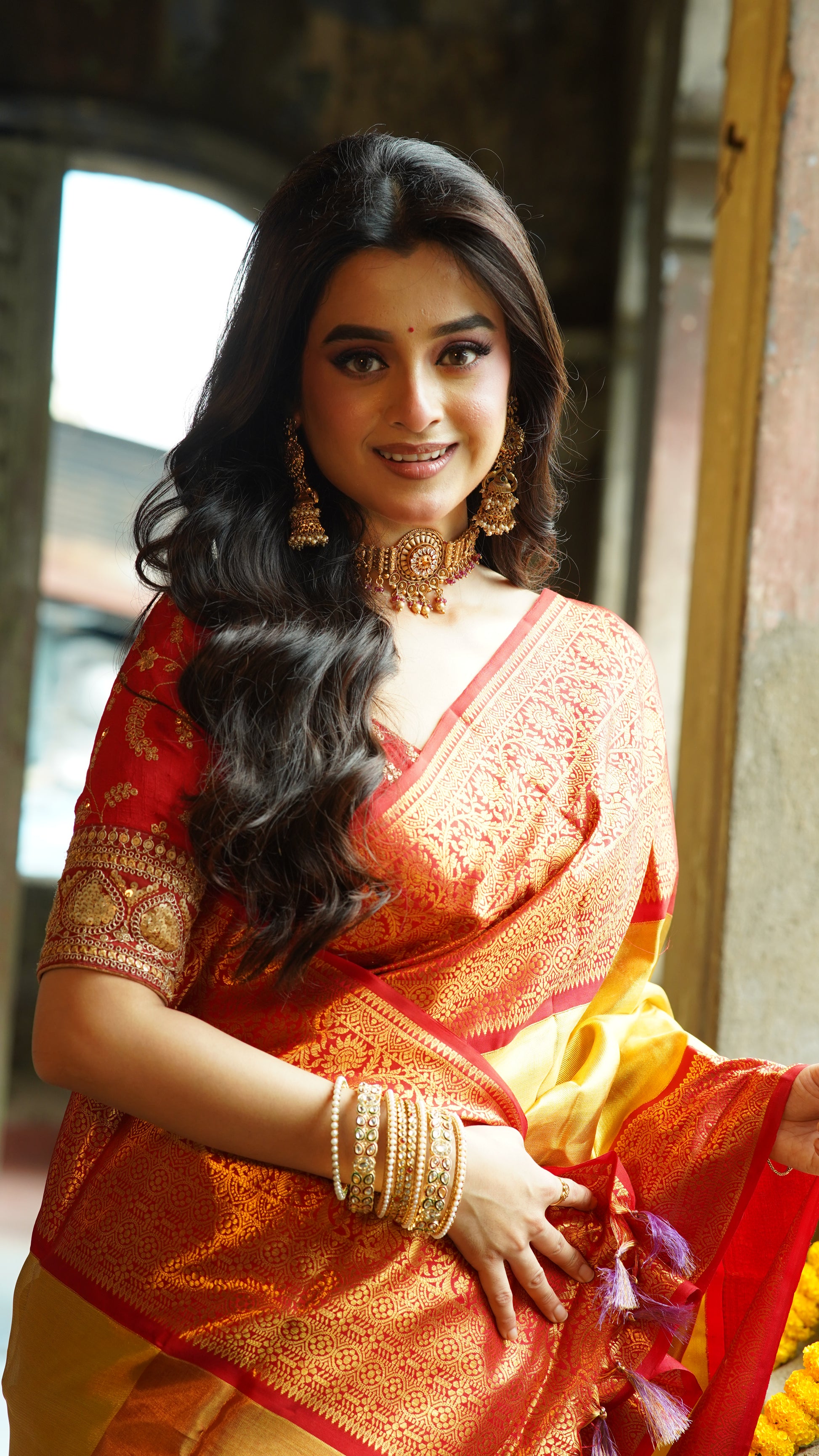 Yellow Red Tissue Kanjivaram Banarasi Silk Sarees - Dailybuyys