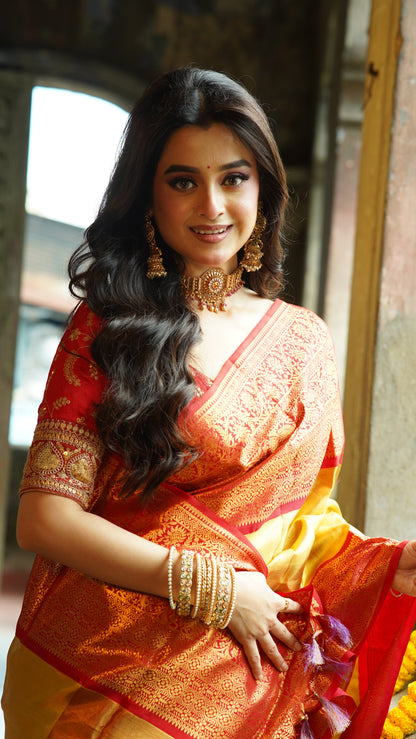 Yellow Red Tissue Kanjivaram Banarasi Silk Sarees - Dailybuyys