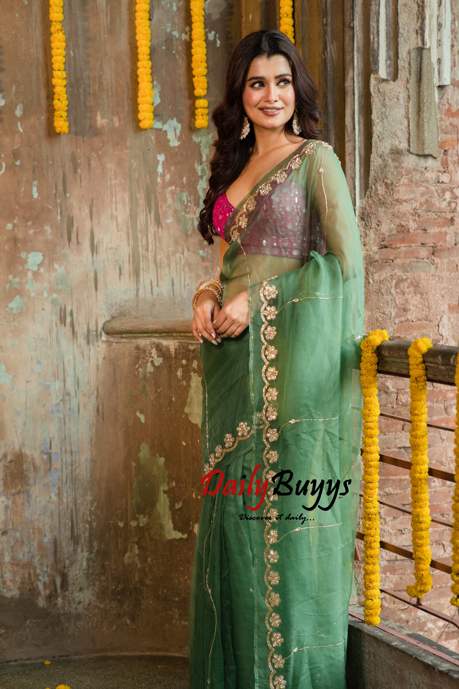 Designer Work Green Organza Sarees - Dailybuyys