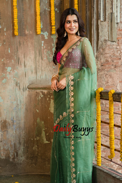 Designer Work Green Organza Sarees - Dailybuyys