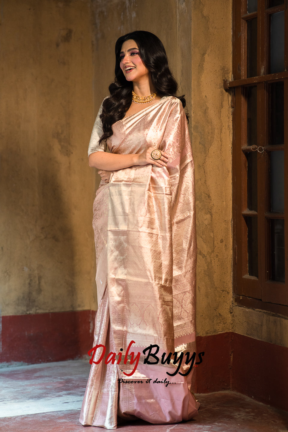 Light Pink Pure Handwoven Brocade Tissue Kanjivaram Banarasi Silk Sarees - Dailybuyys