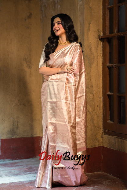 Light Pink Pure Handwoven Brocade Tissue Kanjivaram Banarasi Silk Sarees - Dailybuyys