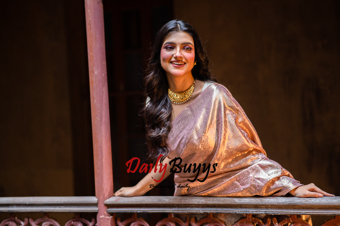 Light Pink Pure Handwoven Brocade Tissue Kanjivaram Banarasi Silk Sarees - Dailybuyys