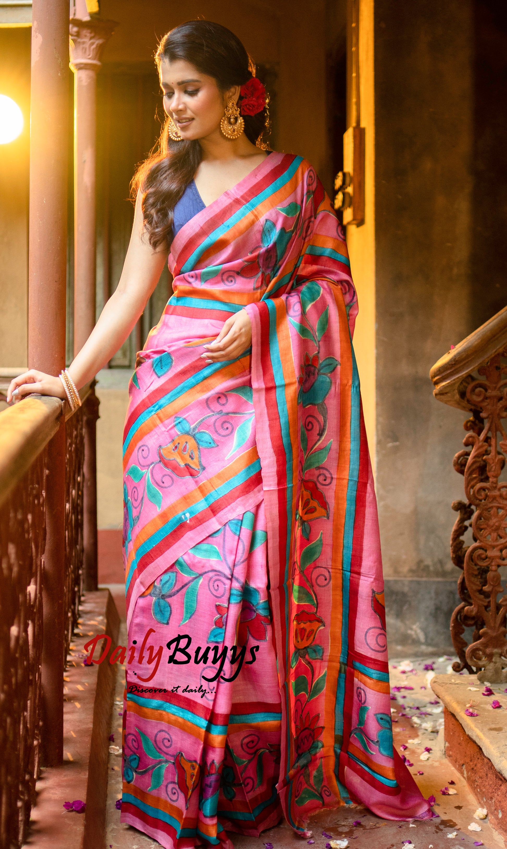 Kalamkari Pink Hand Painted Pure Silk Mark Certified Tussar Silk Sarees - Dailybuyys