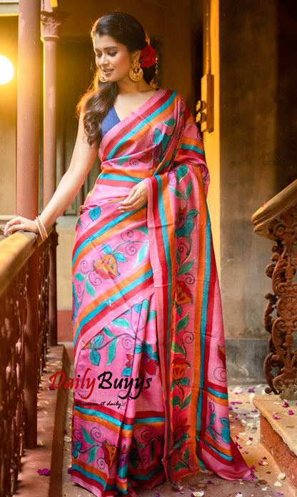 Kalamkari Pink Hand Painted Pure Silk Mark Certified Tussar Silk Sarees - Dailybuyys