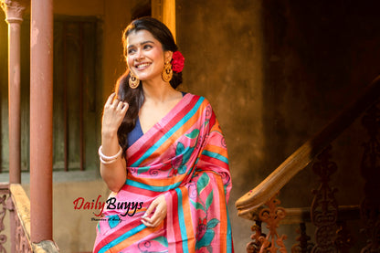 Kalamkari Pink Hand Painted Pure Silk Mark Certified Tussar Silk Sarees - Dailybuyys