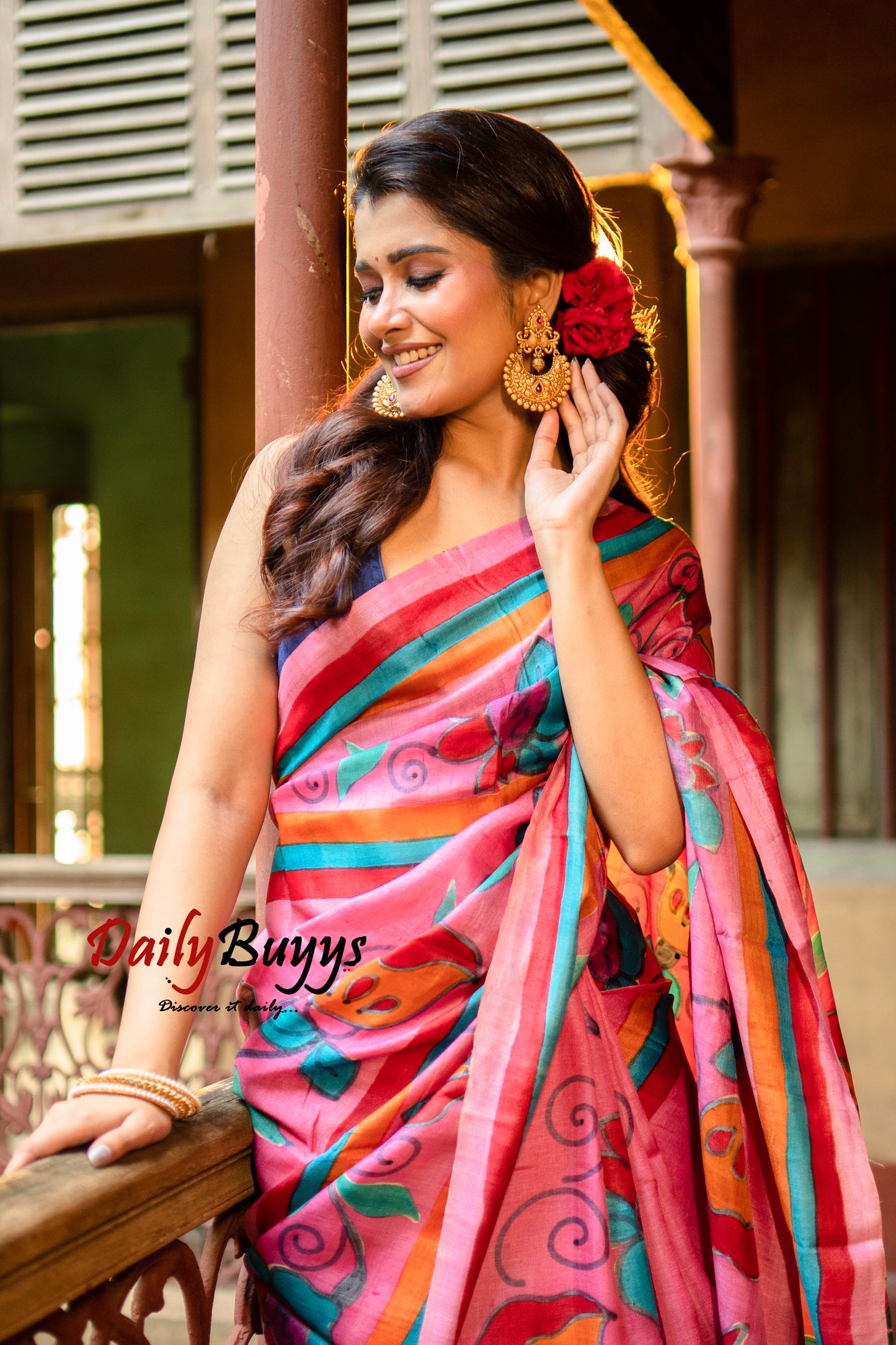 Kalamkari Pink Hand Painted Pure Silk Mark Certified Tussar Silk Sarees - Dailybuyys