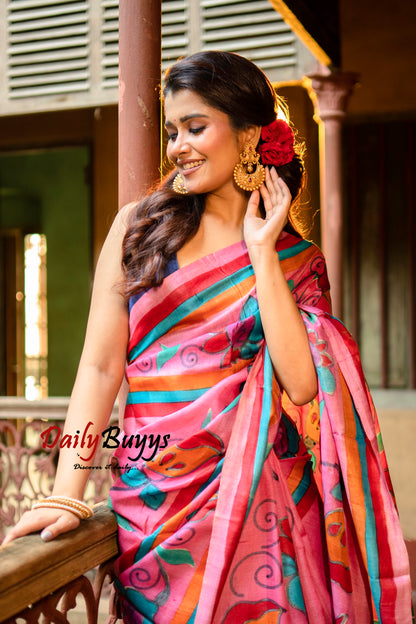 Kalamkari Pink Hand Painted Pure Silk Mark Certified Tussar Silk Sarees - Dailybuyys