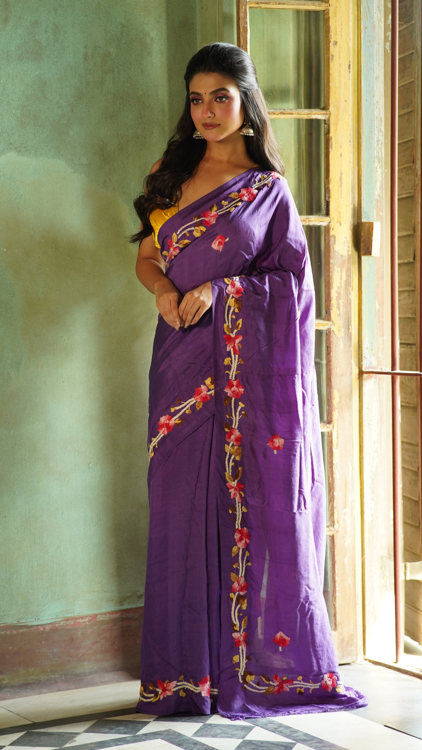 Purple Floral Embroidery Pure Silk Mark Certified Bishnupuri  Silk Sarees - Dailybuyys