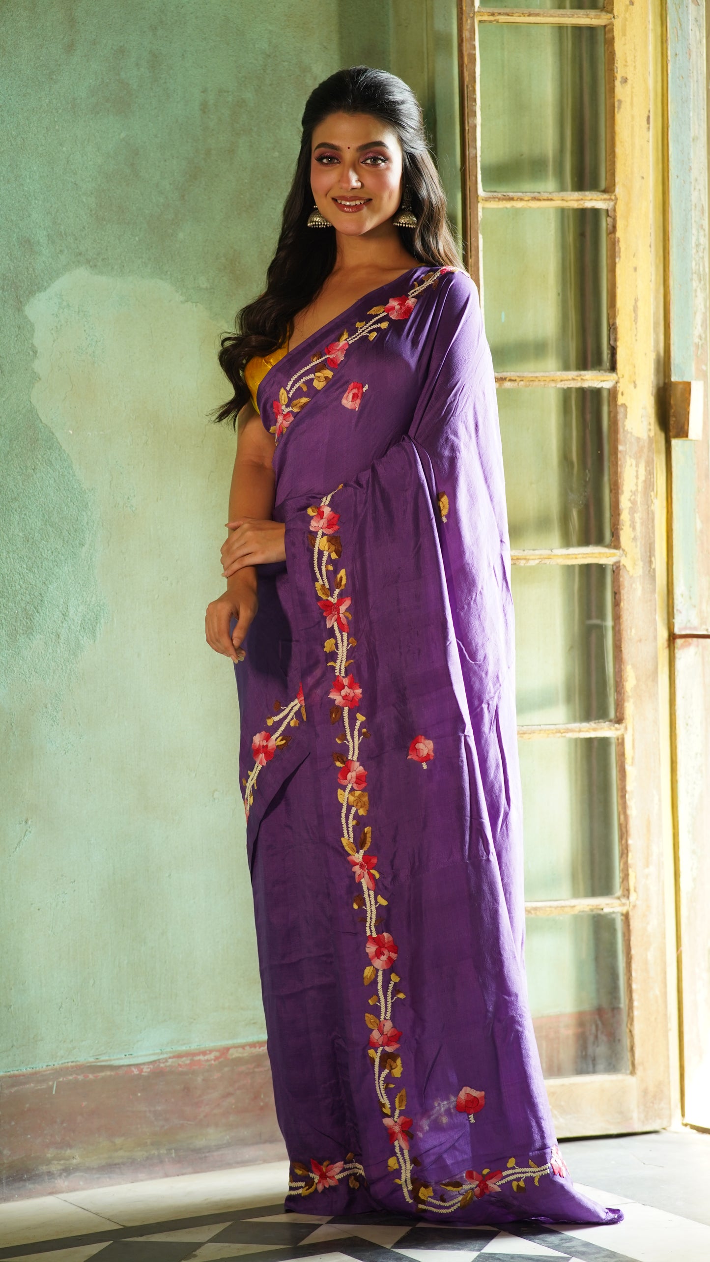 Purple Floral Embroidery Pure Silk Mark Certified Bishnupuri  Silk Sarees - Dailybuyys