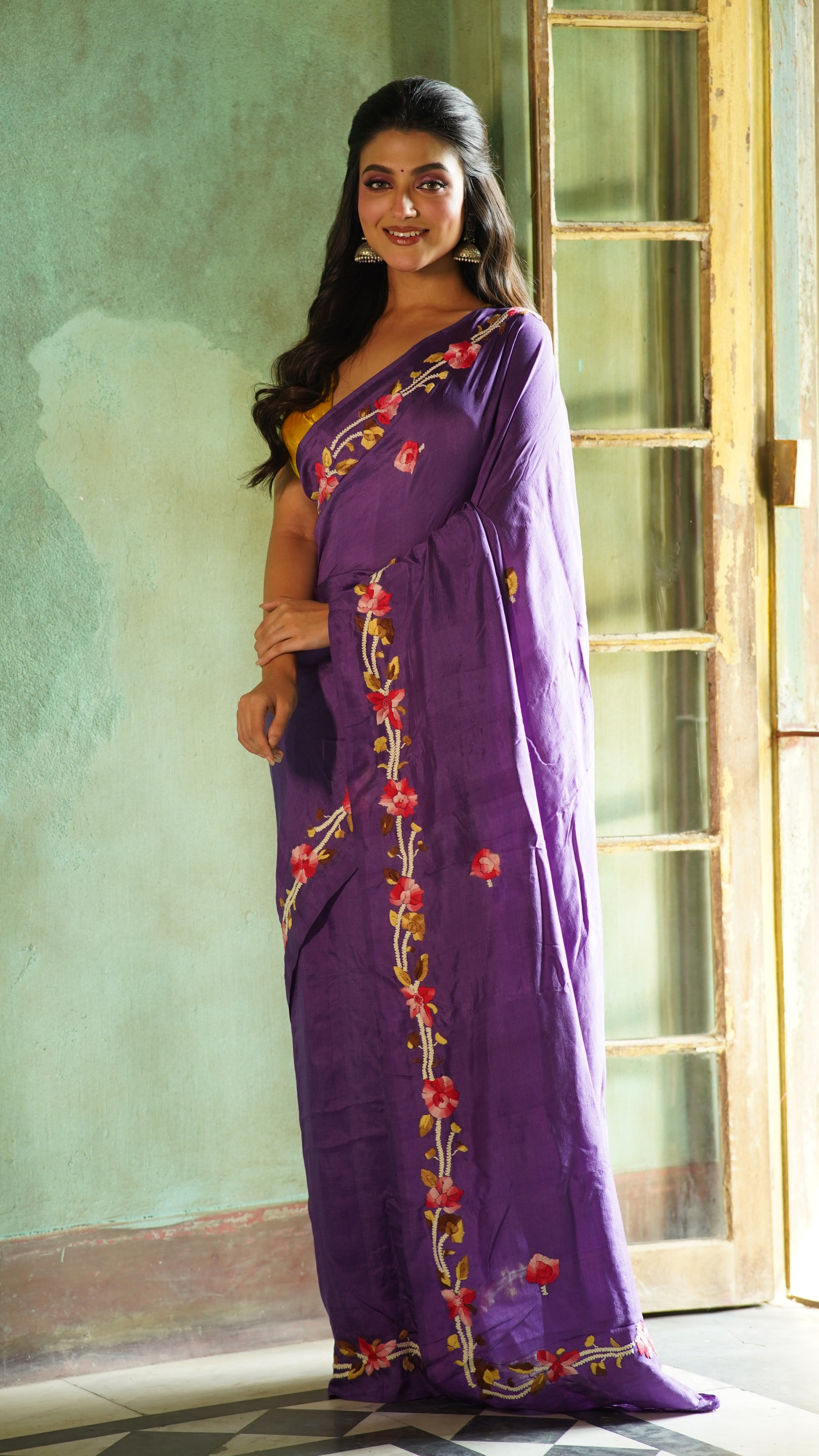 Purple Floral Embroidery Pure Silk Mark Certified Bishnupuri  Silk Sarees - Dailybuyys