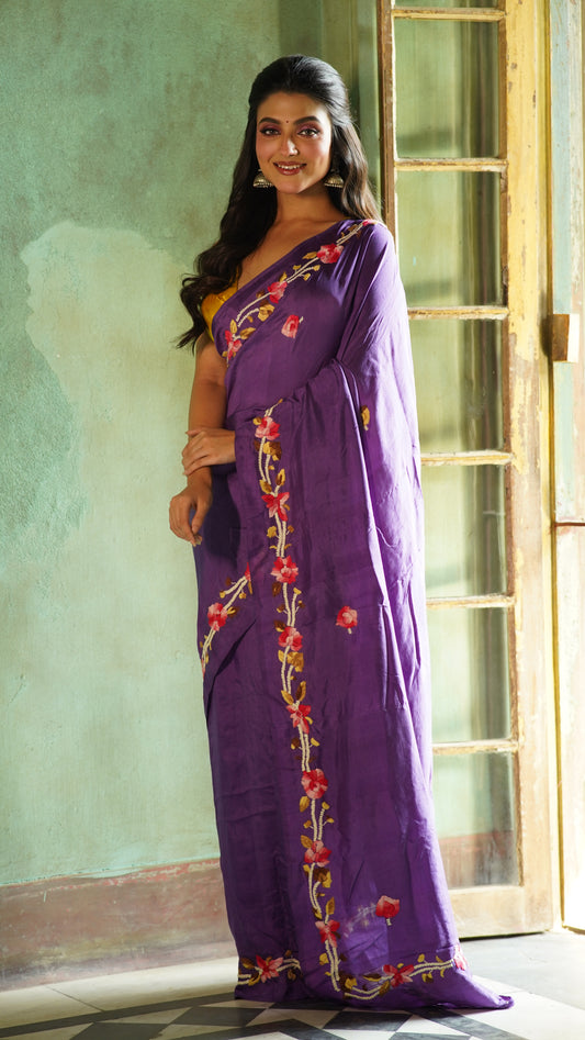 Purple Floral Embroidery Pure Silk Mark Certified Bishnupuri  Silk Sarees - Dailybuyys