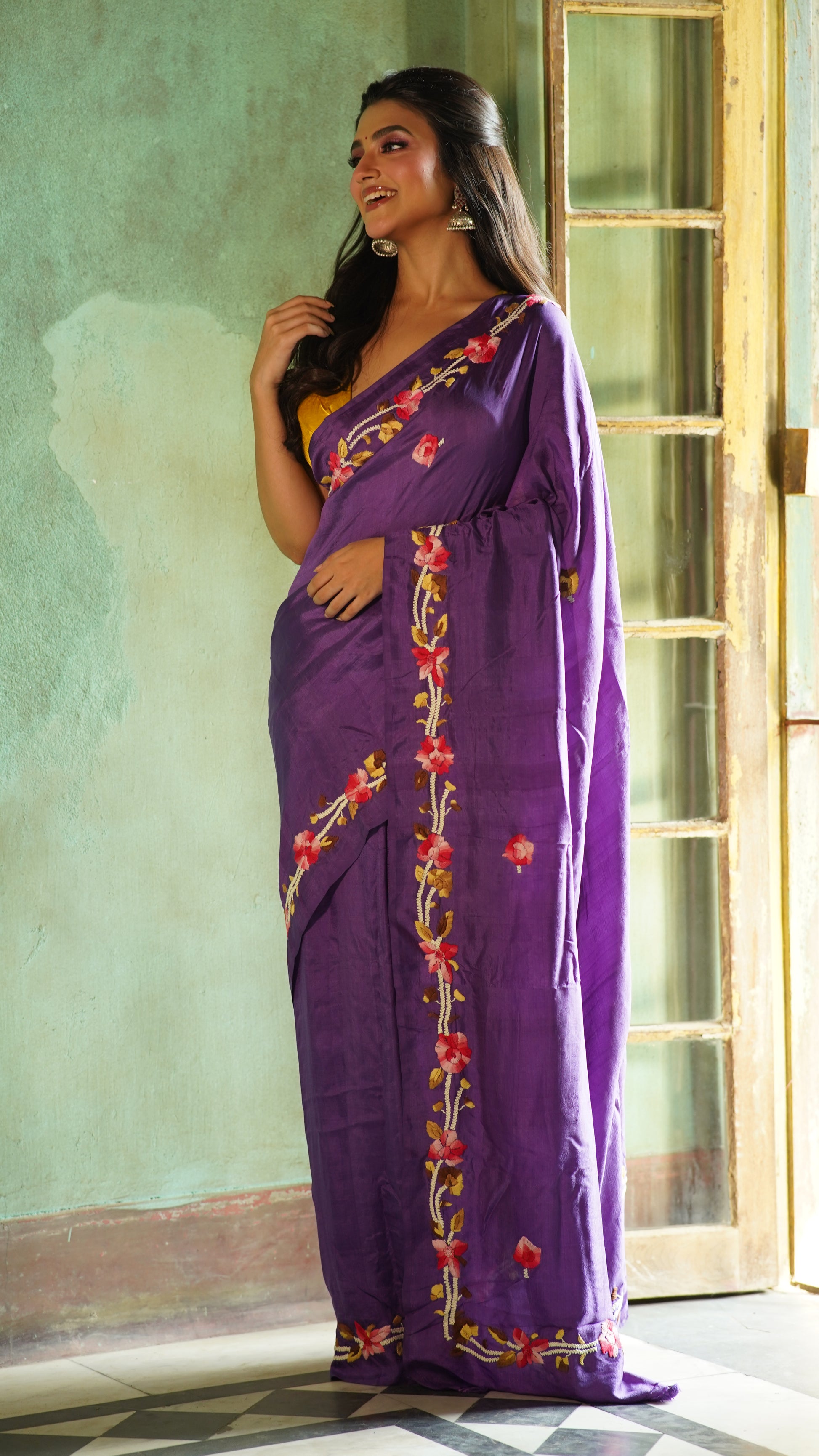 Purple Floral Embroidery Pure Silk Mark Certified Bishnupuri  Silk Sarees - Dailybuyys