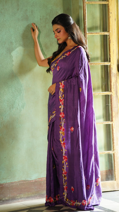 Purple Floral Embroidery Pure Silk Mark Certified Bishnupuri  Silk Sarees - Dailybuyys
