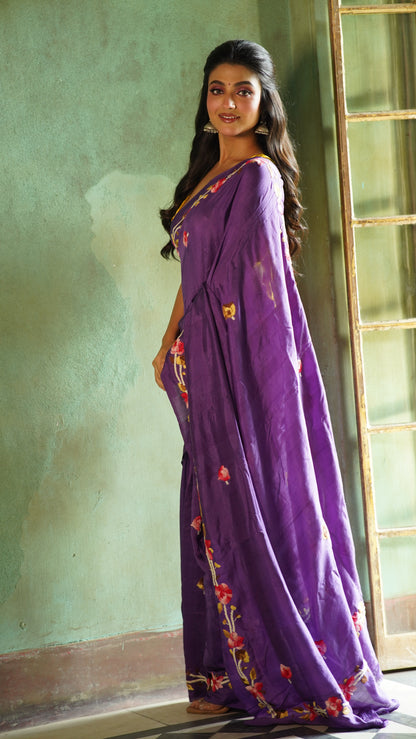 Purple Floral Embroidery Pure Silk Mark Certified Bishnupuri  Silk Sarees - Dailybuyys