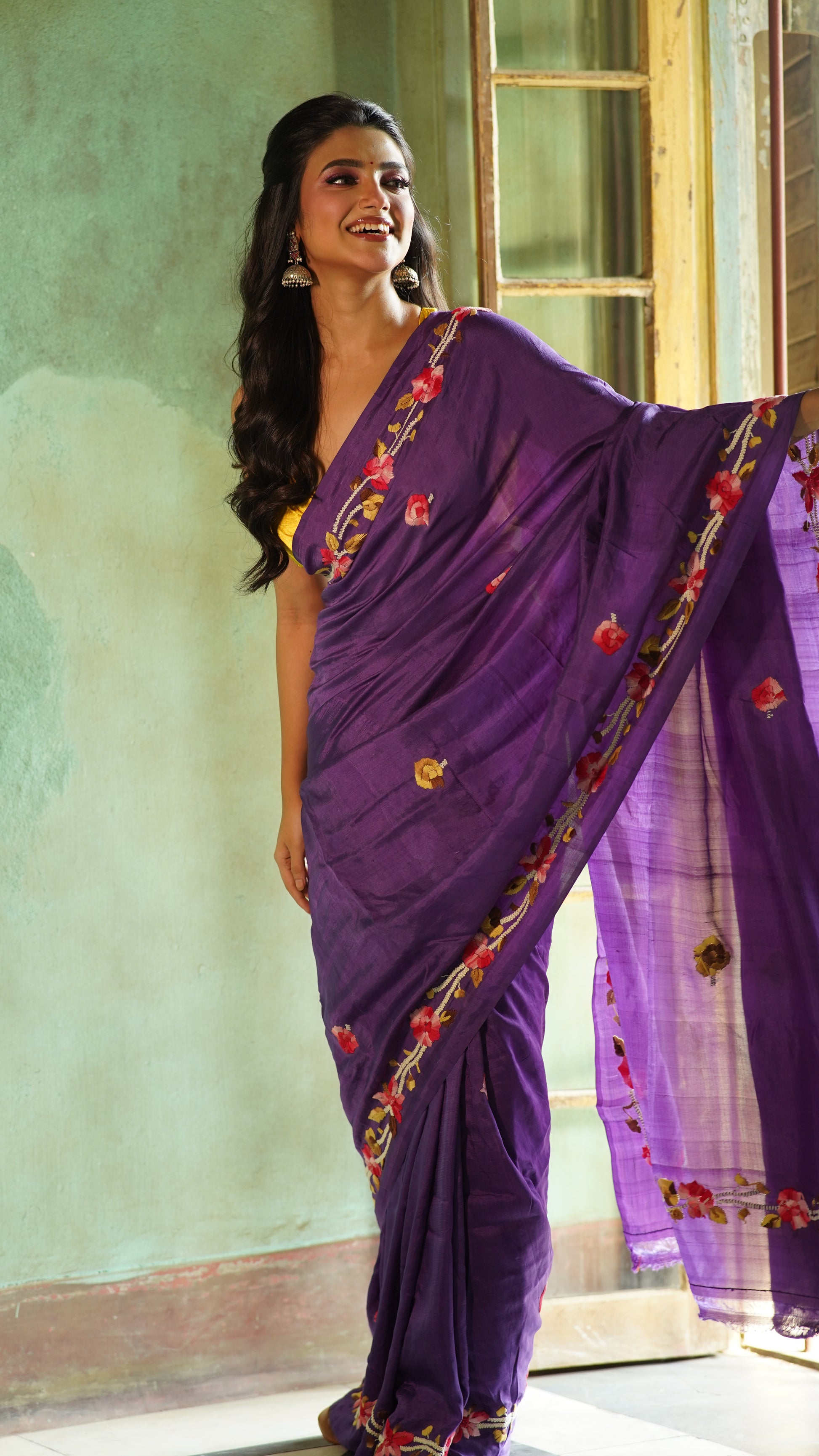 Purple Floral Embroidery Pure Silk Mark Certified Bishnupuri  Silk Sarees - Dailybuyys