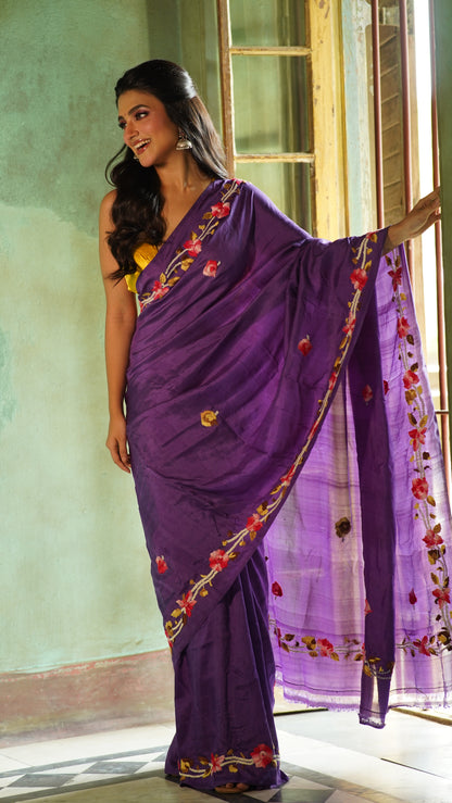 Purple Floral Embroidery Pure Silk Mark Certified Bishnupuri  Silk Sarees - Dailybuyys