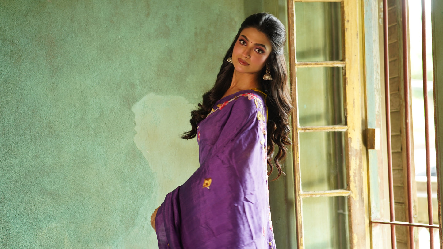 Purple Floral Embroidery Pure Silk Mark Certified Bishnupuri  Silk Sarees - Dailybuyys