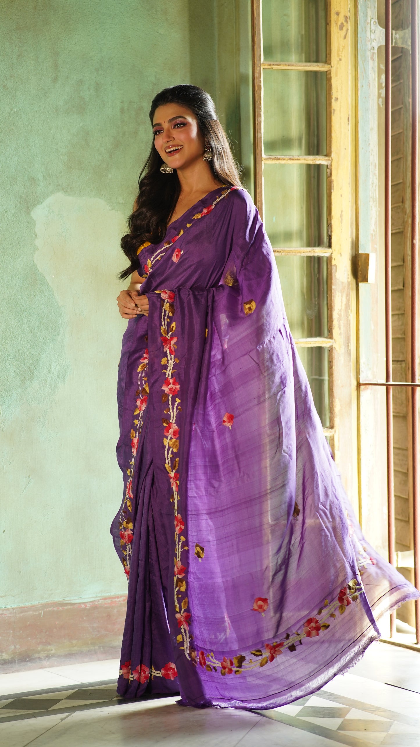 Purple Floral Embroidery Pure Silk Mark Certified Bishnupuri  Silk Sarees - Dailybuyys