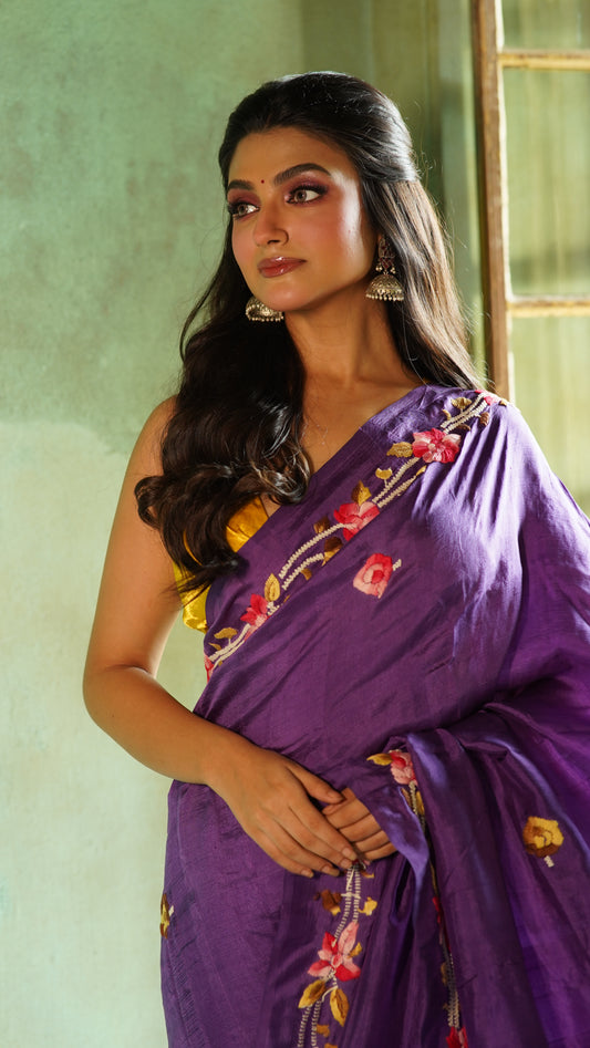 Purple Floral Embroidery Pure Silk Mark Certified Bishnupuri  Silk Sarees - Dailybuyys
