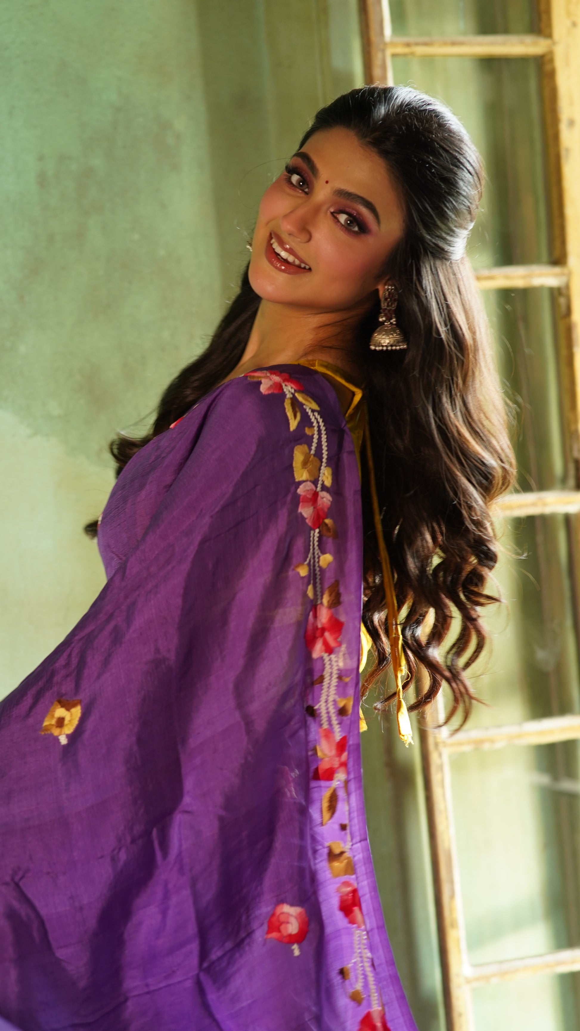 Purple Floral Embroidery Pure Silk Mark Certified Bishnupuri  Silk Sarees - Dailybuyys