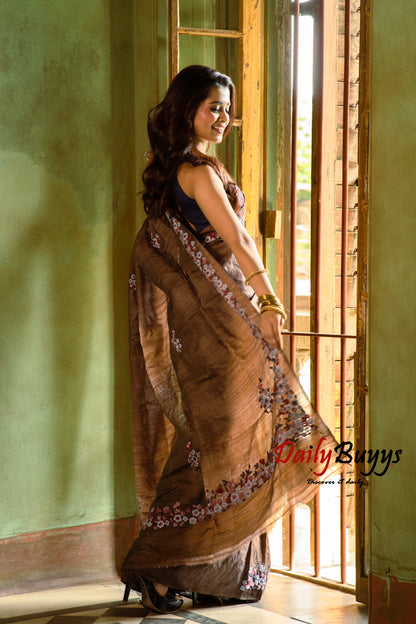 Deep Coffee Floral Embroidery Pure Silk Mark Certified Tussar Silk Sarees - Dailybuyys