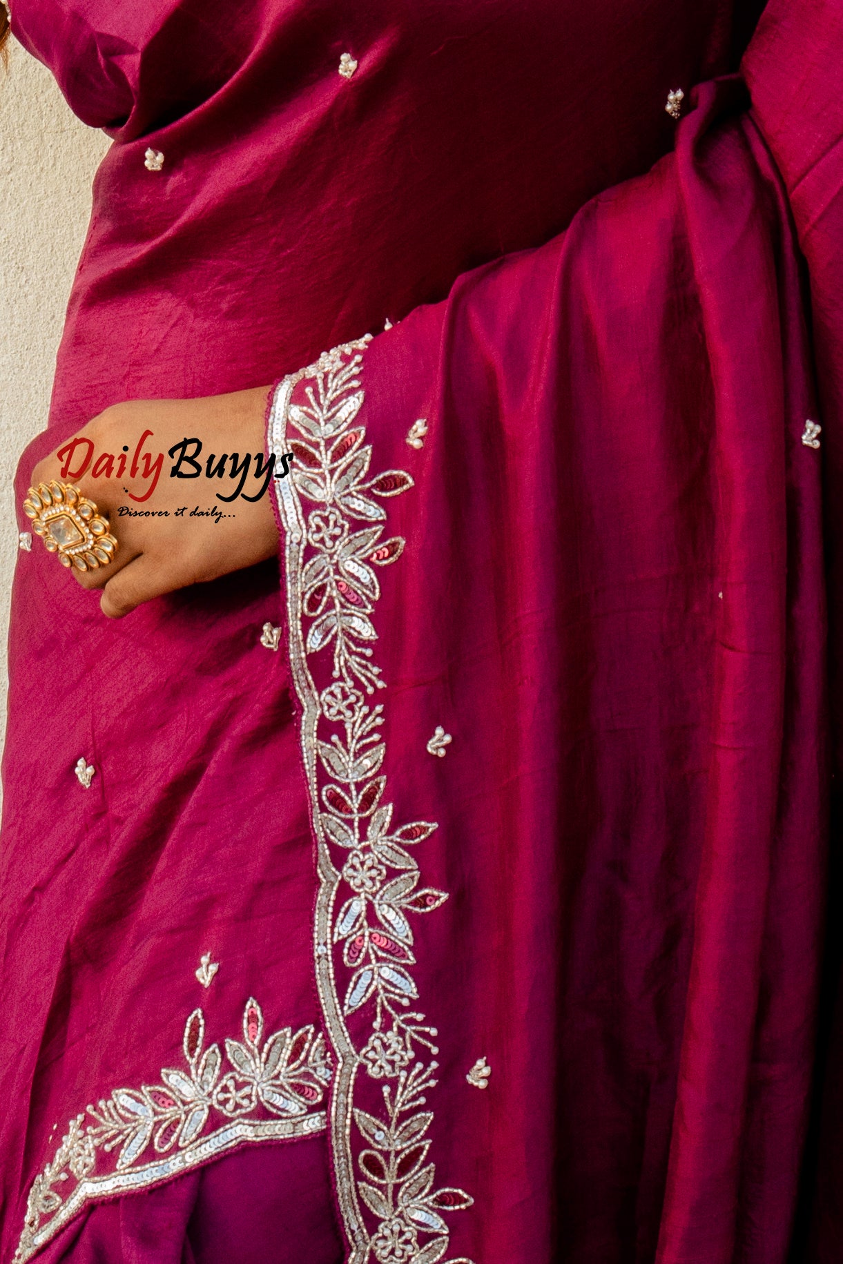 Pink Designer Work Tikri Beads Pink Pure Silk Sarees - Dailybuyys