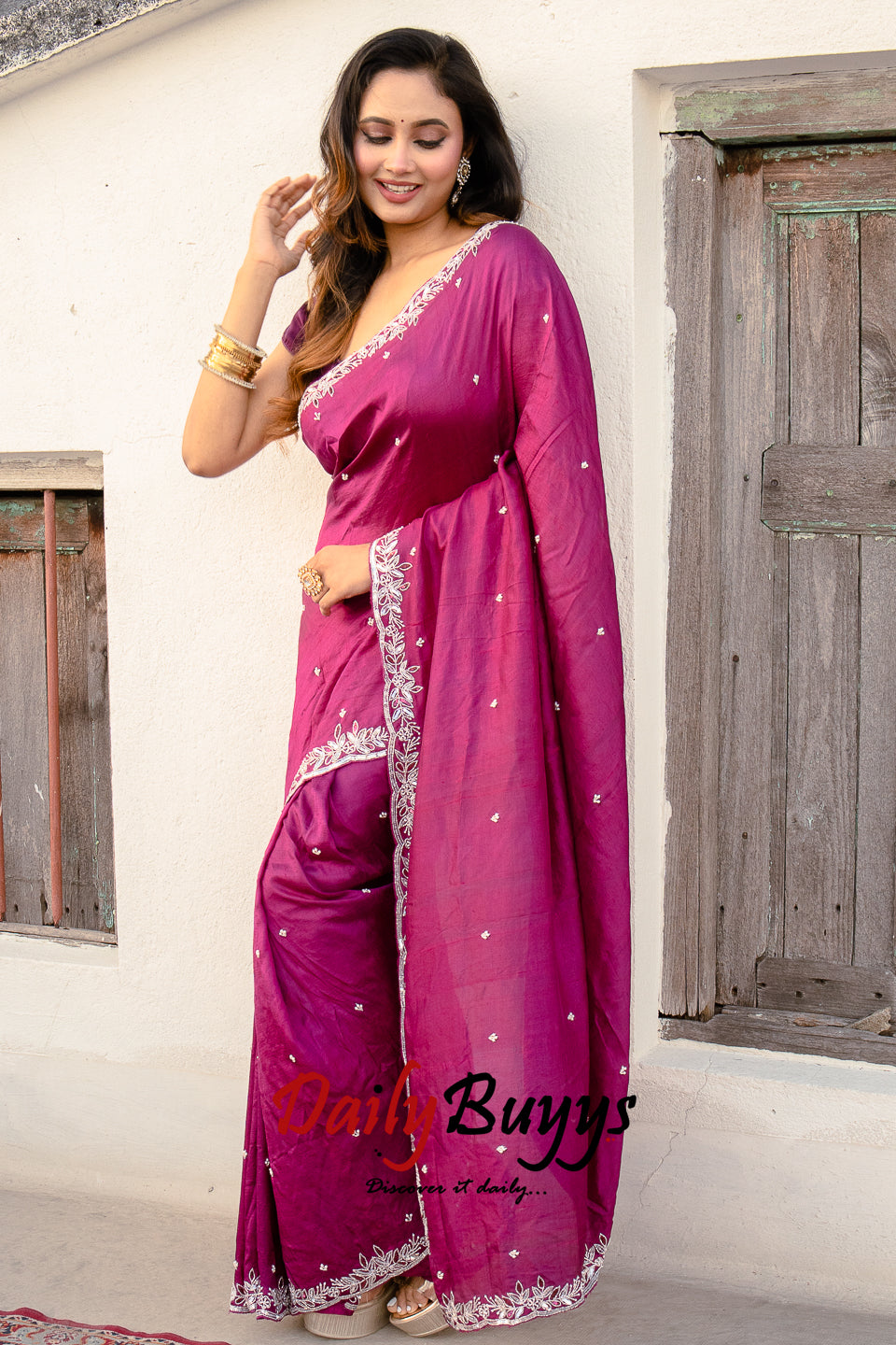 Pink Designer Work Tikri Beads Pink Pure Silk Sarees - Dailybuyys