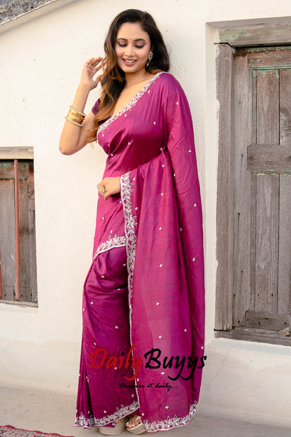 Pink Designer Work Tikri Beads Pink Pure Silk Sarees - Dailybuyys