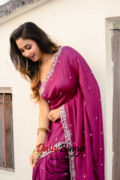 Pink Designer Work Tikri Beads Pink Pure Silk Sarees - Dailybuyys
