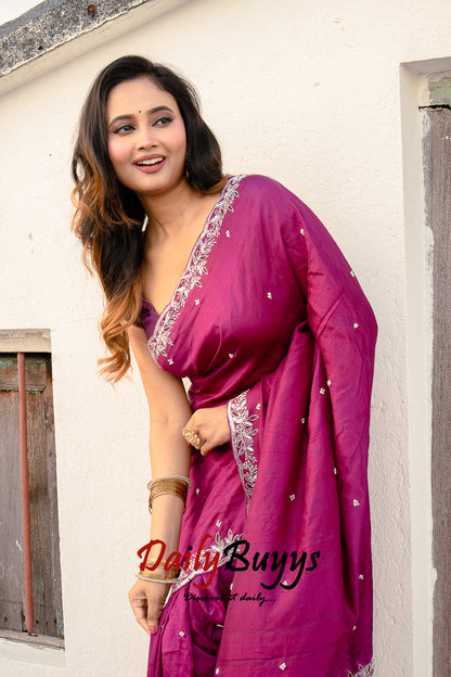 Pink Designer Work Tikri Beads Pink Pure Silk Sarees - Dailybuyys