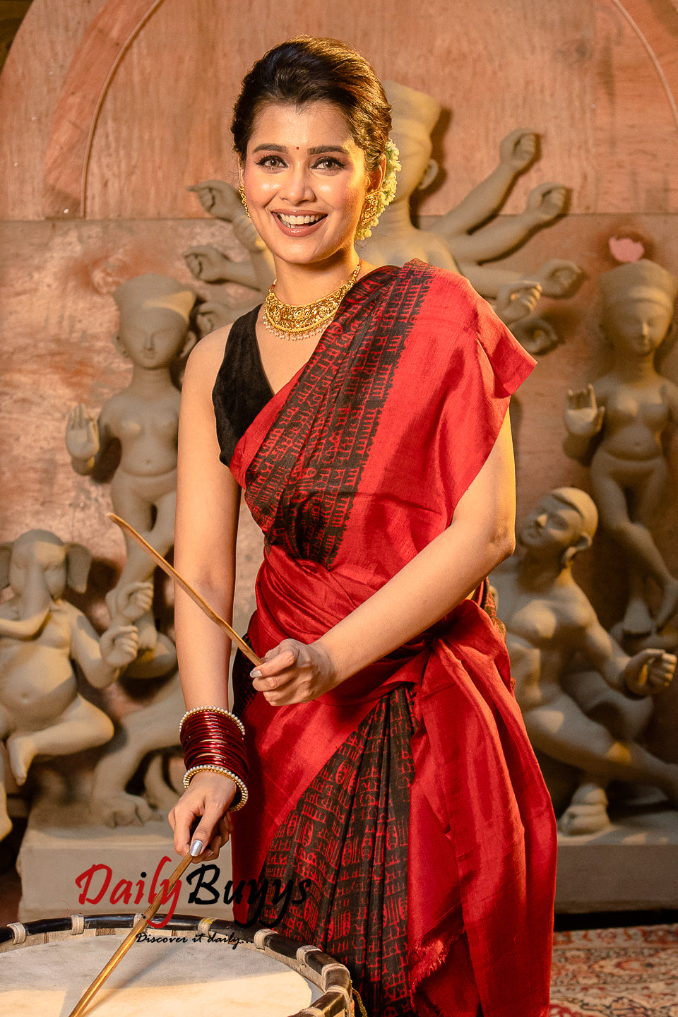 Red Scripted Block Printed Silk Mark Certified Bishnupuri Silk Sarees - Dailybuyys