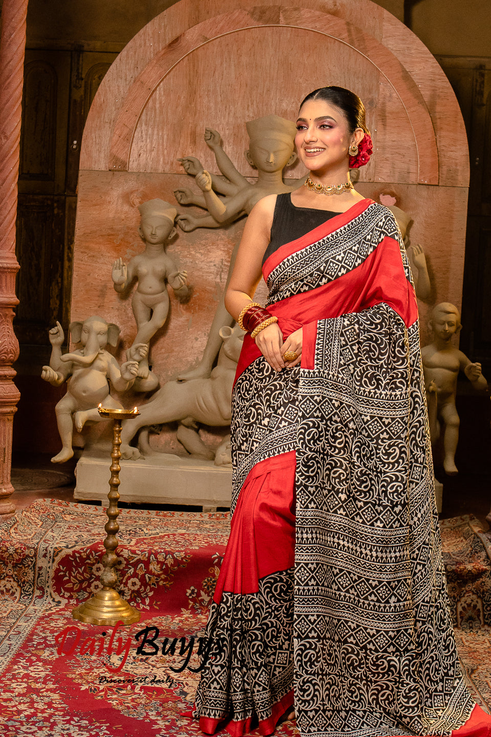 Red Block Printed Silk Mark Certified Bishnupuri Silk Sarees - Dailybuyys