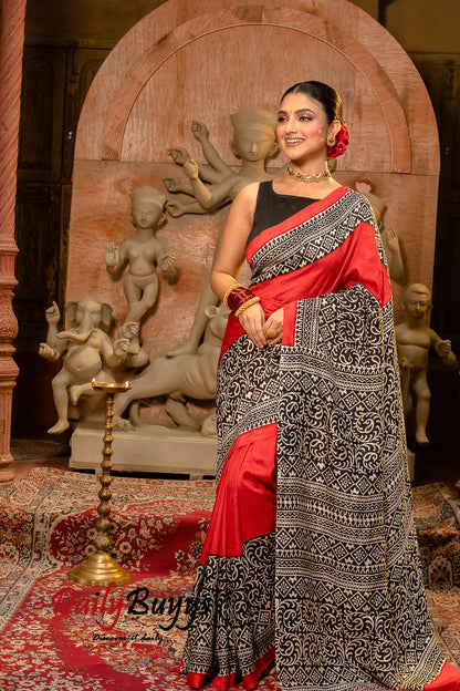 Red Block Printed Silk Mark Certified Bishnupuri Silk Sarees - Dailybuyys