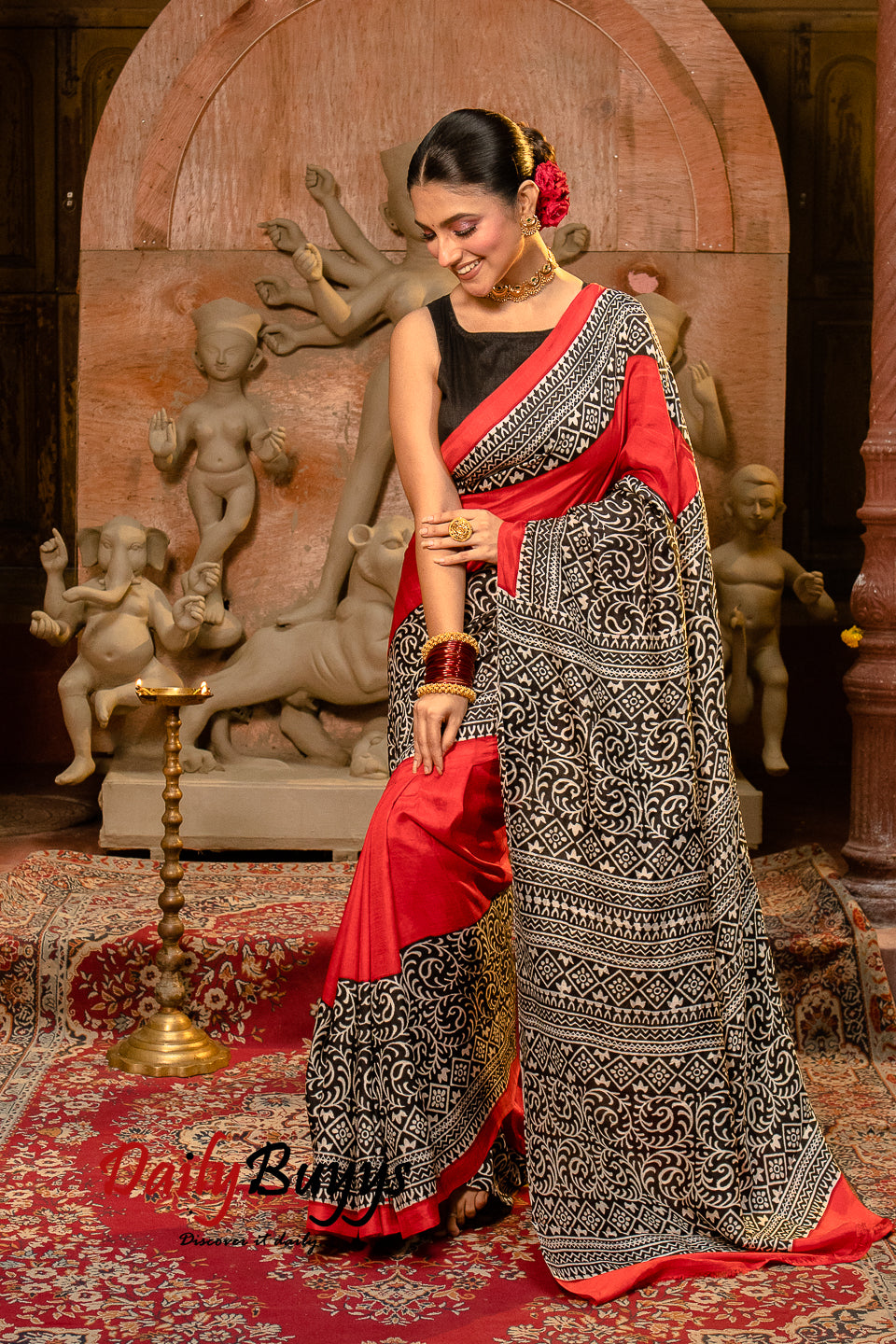 Red Block Printed Silk Mark Certified Bishnupuri Silk Sarees - Dailybuyys