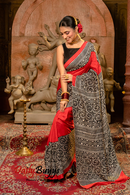Red Block Printed Silk Mark Certified Bishnupuri Silk Sarees - Dailybuyys