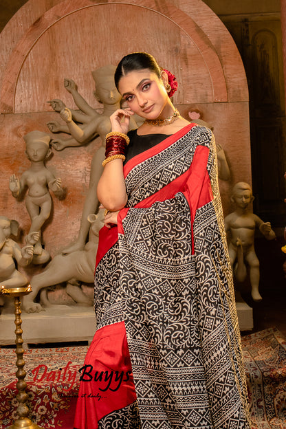 Red Block Printed Silk Mark Certified Bishnupuri Silk Sarees - Dailybuyys