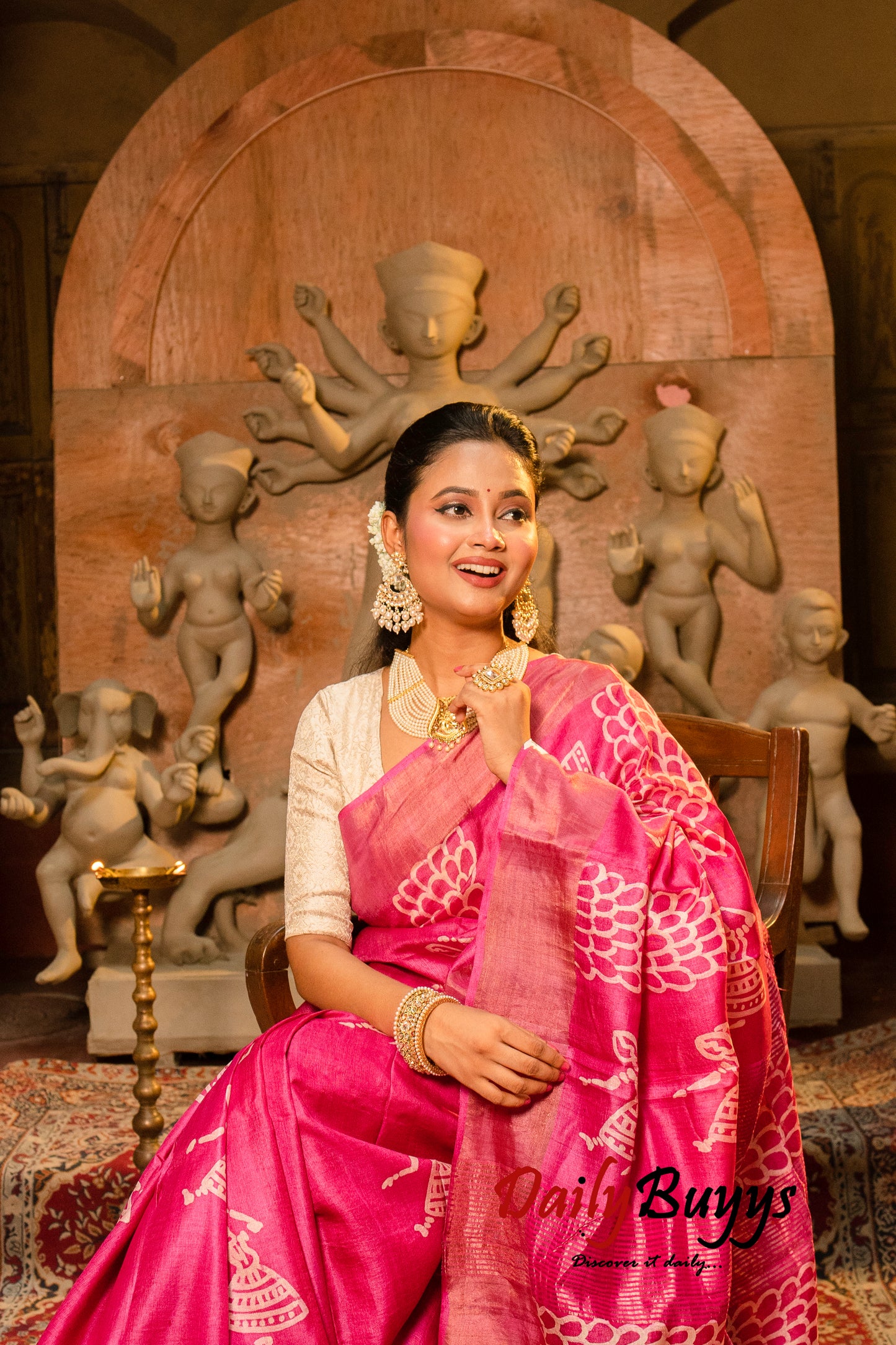 Dancing Doll Pink Block Printed Pure Silk Mark Certified Tussar Silk Sarees - Dailybuyys