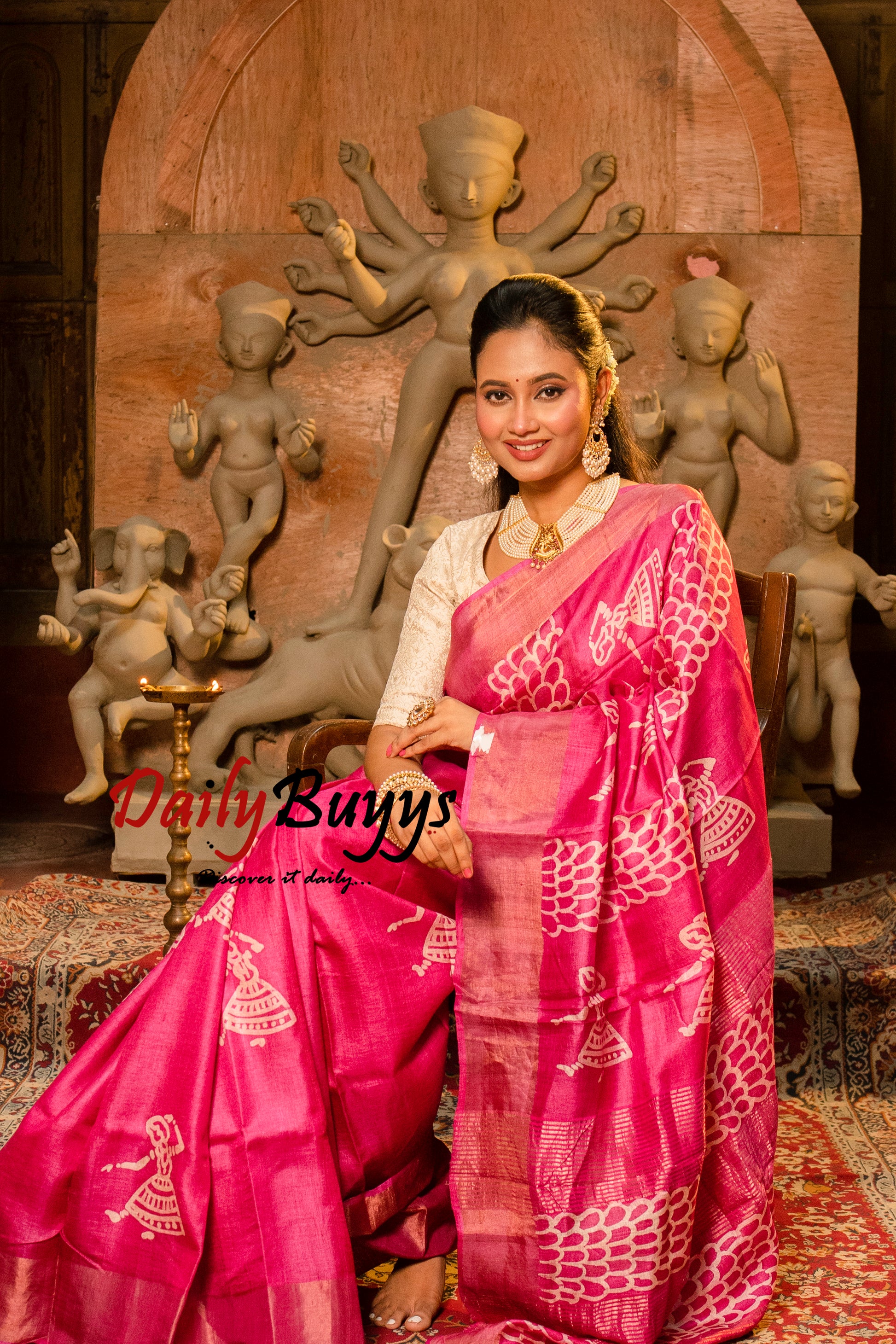 Dancing Doll Pink Block Printed Pure Silk Mark Certified Tussar Silk Sarees - Dailybuyys