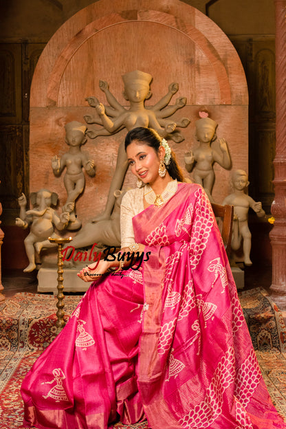 Dancing Doll Pink Block Printed Pure Silk Mark Certified Tussar Silk Sarees - Dailybuyys