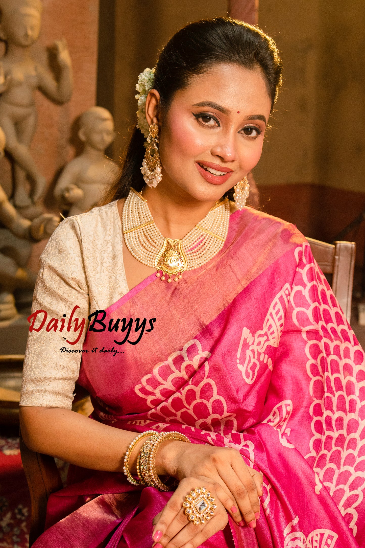 Dancing Doll Pink Block Printed Pure Silk Mark Certified Tussar Silk Sarees - Dailybuyys